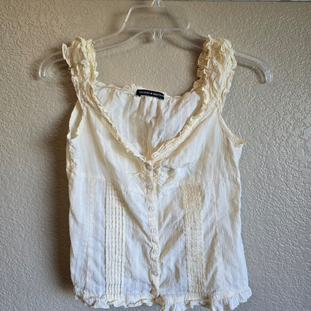 Brandy Melville yellow Ruffle Pintuck Button Front Tank Top S
